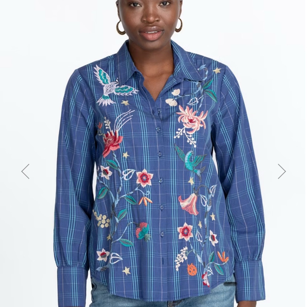 Johnny Was Blue Plaid Shirt with Floral Embroidery